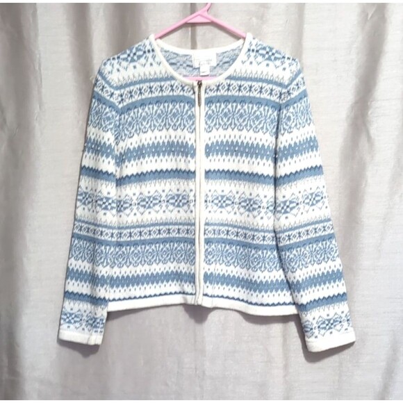 VTG Christopher & Banks Winter Blue White Cardigan Sweater MEDIUM Full Zip - Picture 1 of 16